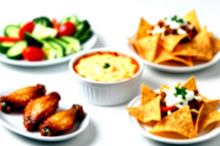 Easy party & game day recipes - This lineup includes a cheesy baked dip, crispy wings, loaded nachos, and a fresh veggie platter wit