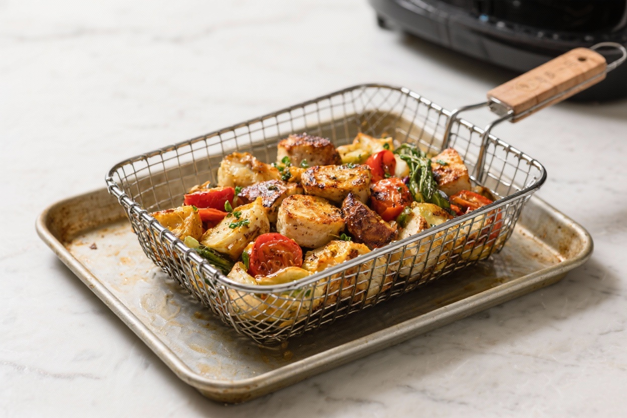 Simple one basket meals you can make fast - Everything cooks together in a single roasting basket, air fryer basket, or sheet pan with a basket